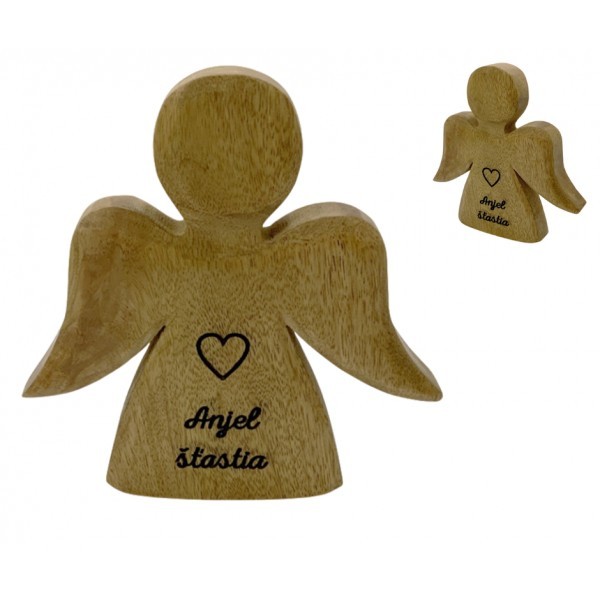 (SK) Dřevěný mango anděl s nápisem „Anjel šťastia“ 15 cm, sada 6 ks