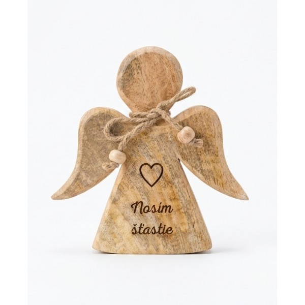(SK) Dřevěný mango anděl s nápisem „Nosím šťastie“ 15 cm, sada 3 ks
