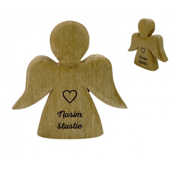 (SK) Dřevěný mango anděl s nápisem „Nosím šťastie“ 15 cm, sada 6 ks