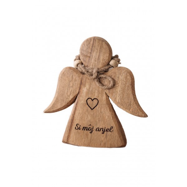 (SK) Dřevěný mango anděl s nápisem „Si moj anjel“ 15 cm, sada 6 ks
