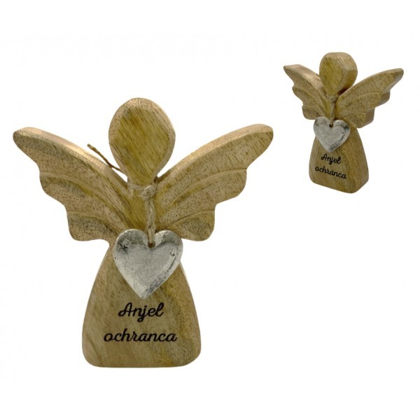 (SK) Dřevěný mango anděl s kovovým srdíčkem a nápisem „Anjel ochranca“ 13 cm, sada 8 ks