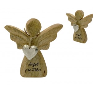 (SK) Dřevěný mango anděl s kovovým srdíčkem a nápisem „Anjel pre Teba“ 13 cm, sada 3 ks