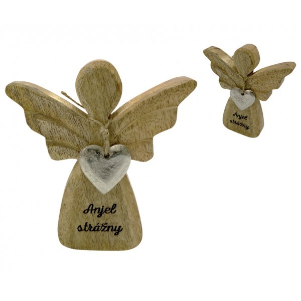 (SK) Dřevěný mango anděl s kovovým srdíčkem a nápisem „Anjel strážny“ 13 cm, sada 8 ks