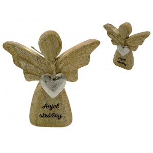 (SK) Dřevěný mango anděl s kovovým srdíčkem a nápisem „Anjel strážny“ 13 cm, sada 8 ks