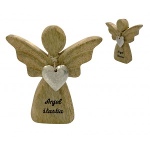 (SK) Dřevěný mango anděl s kovovým srdíčkem a nápisem „Anjel šťastia“ 13 cm, sada 8 ks