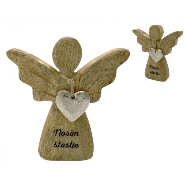 (SK) Dřevěný mango anděl s kovovým srdíčkem a nápisem „Nosím šťastie“ 13 cm, sada 3 ks