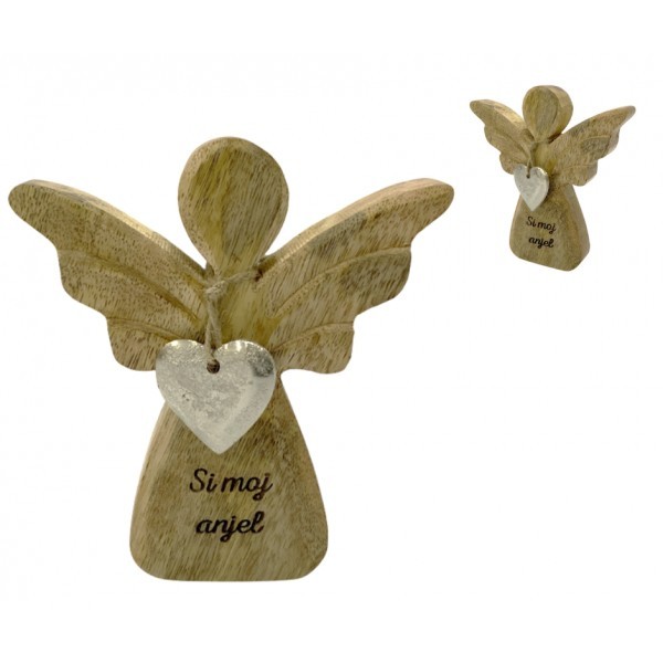 (SK) Dřevěný mango anděl s kovovým srdíčkem a nápisem „Si moj anjel 13 cm, sada 3 ks