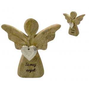 (SK) Dřevěný mango anděl s kovovým srdíčkem a nápisem „Si moj anjel 13 cm, sada 8 ks