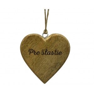 (SK) Dřevěné mango srdce s nápisem „Pre šťastie“ 7,5 cm, sada 8 ks