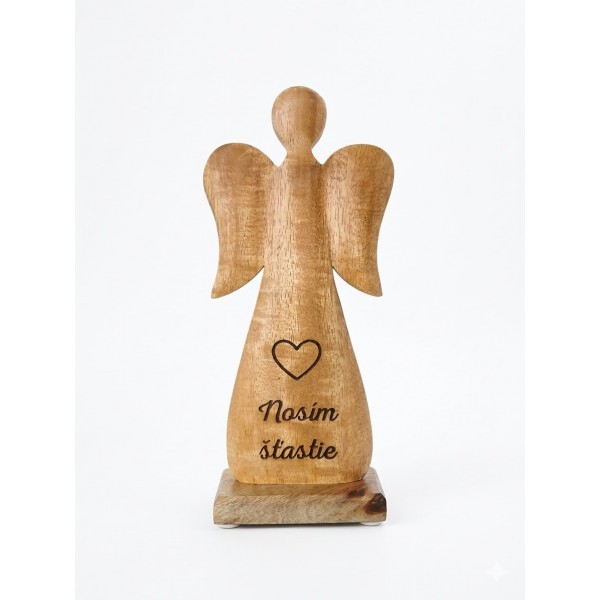(SK) Dřevěný mango anděl s nápisem „Nosím šťastie“ 27 cm, sada 2 ks