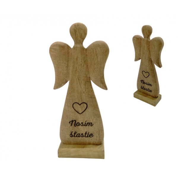 (SK) Dřevěný mango anděl s nápisem „Nosím šťastie“ 27 cm, sada 4 ks