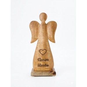 (SK) Dřevěný mango anděl s nápisem „Nosím šťastie“ 27 cm, sada 2 ks