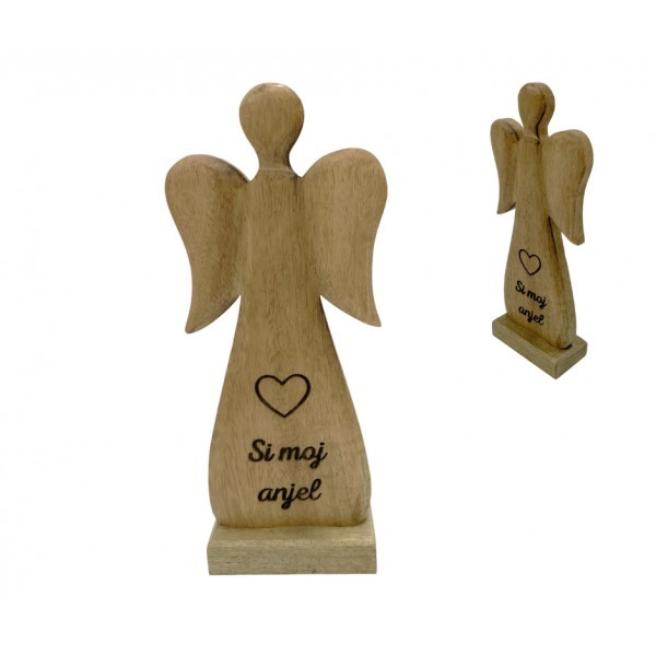 (SK) Dřevěný mango anděl s nápisem „Si moj anjel“ 27 cm, sada 4 ks