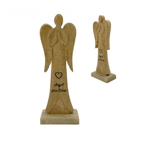 (SK) Dřevěný mango anděl s nápisem „Anjel pre Teba“ 21 cm, sada 2 ks