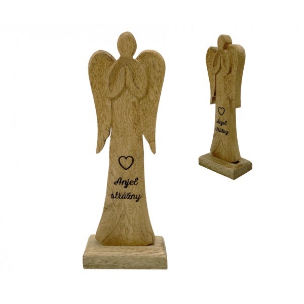 (SK) Dřevěný mango anděl s nápisem „Anjel strážny“ 21 cm, sada 2 ks