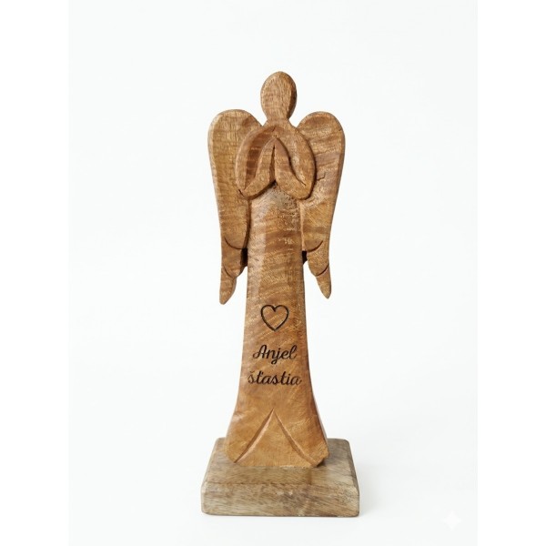 (SK) Dřevěný mango anděl s nápisem „Anjel šťastia“ 21 cm, sada 2 ks