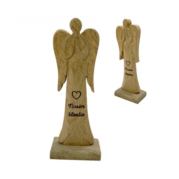 (SK) Dřevěný mango anděl s nápisem „Nosím šťastie“ 21 cm, sada 2 ks