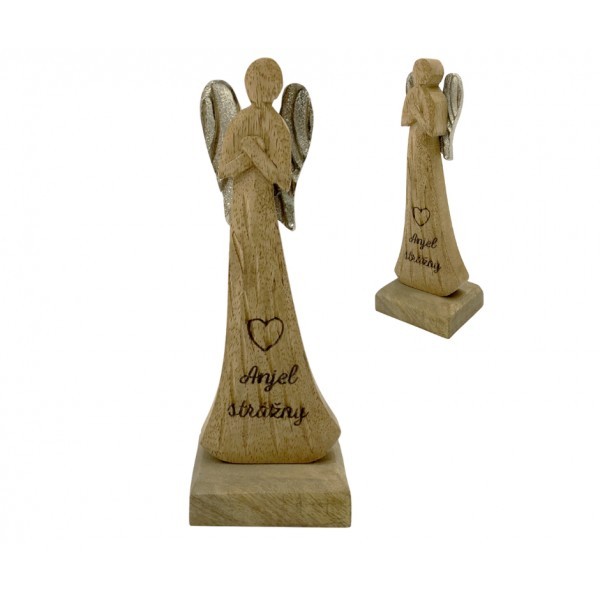 (SK) Dřevěný mango anděl s nápisem „Anjel strážny“ 16,5 cm, sada 4 ks
