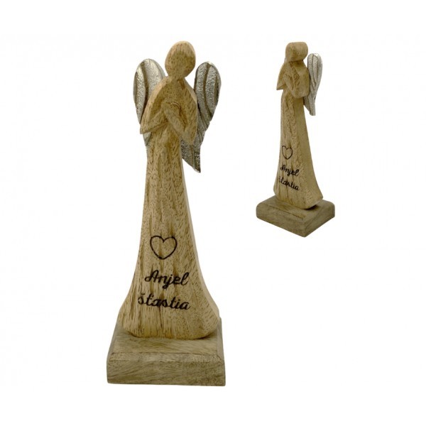 (SK) Dřevěný mango anděl s nápisem „Anjel šťastia“ 16,5 cm, sada 4 ks