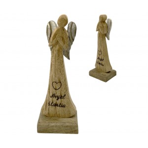 (SK) Dřevěný mango anděl s nápisem „Anjel šťastia“ 16,5 cm, sada 4 ks