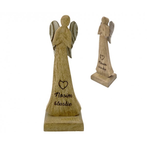 (SK) Dřevěný mango anděl s nápisem „Nosím šťastie“ 16,5 cm, sada 4 ks