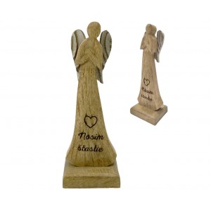 (SK) Dřevěný mango anděl s nápisem „Nosím šťastie“ 16,5 cm, sada 4 ks