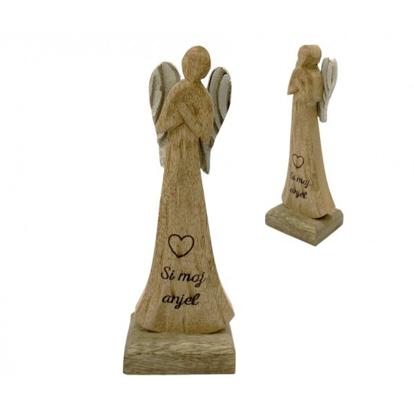 (SK) Dřevěný mango anděl s nápisem „Si moj anjel“ 16,5 cm, sada 4 ks