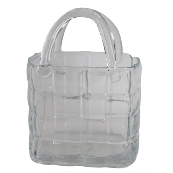 Skleněná váza / květináč ve tvaru kabelky s uchem – čirá, 19 × 13 × 26 cm