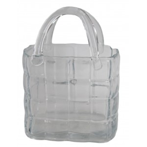 Skleněná váza / květináč ve tvaru kabelky s uchem – čirá, 19 × 13 × 26 cm