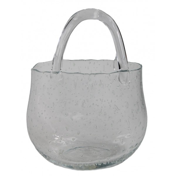Skleněná svítící čirá kabelka s uchem – dekorativní váza / květináč, 21 × 11 × 27,5 cm