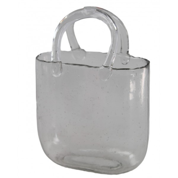 Skleněná čirá kabelka s uchem – dekorativní váza / květináč, 19,5 × 10,8 × 27,8 cm