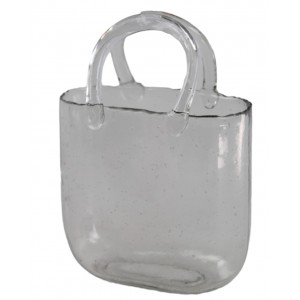 Skleněná čirá kabelka s uchem – dekorativní váza / květináč, 19,5 × 10,8 × 27,8 cm