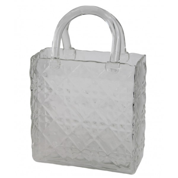 Čirá skleněná kabelka s uchem – dekorativní váza / nádoba s kosočtvercovou strukturou, 19,5 × 9,2 × 29 cm