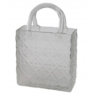 Čirá skleněná kabelka s uchem – dekorativní váza / nádoba s kosočtvercovou strukturou, 19,5 × 9,2 × 29 cm