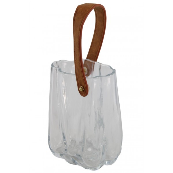 Čirá skleněná kabelka s koženým uchem – dekorativní váza / nádoba, 12,5 × 9,8 × 17 cm