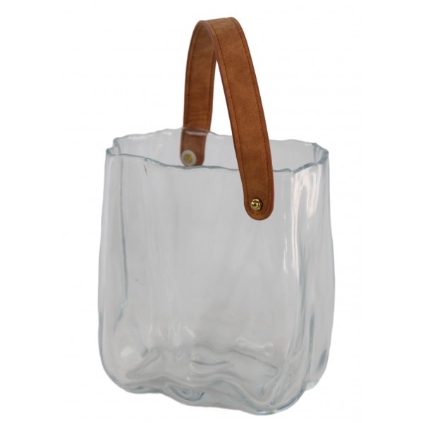 Čirá skleněná kabelka s koženým uchem – váza / květináč, 18,4 × 13,3 × 20,2 cm