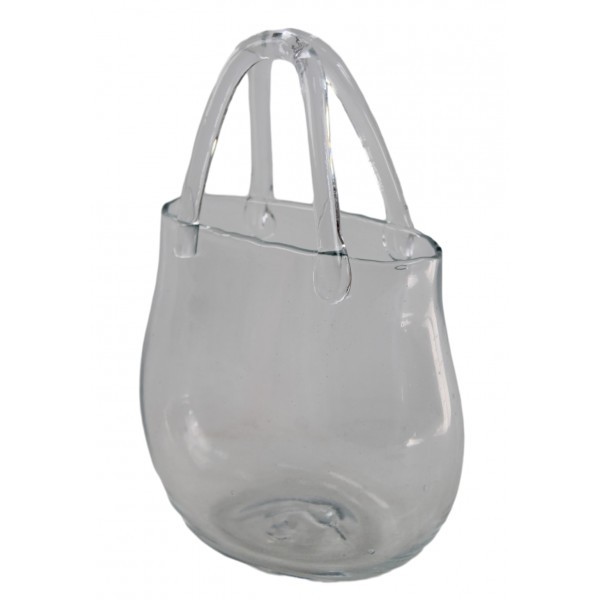 Hladká čirá skleněná kabelka s uchem – váza / květináč, 21 × 11,5 × 30 cm