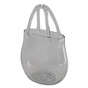 Hladká čirá skleněná kabelka s uchem – váza / květináč, 21 × 11,5 × 30 cm