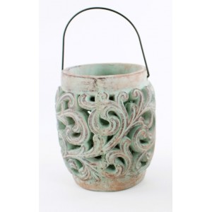 Betonová lucerna s vyřezávaným ornamentem 17 cm, světle zelená