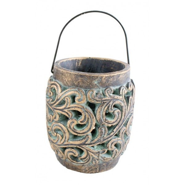 Betonová lucerna s vyřezávaným ornamentem 17 cm, tmavě zelená