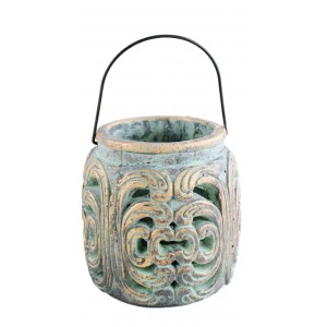 Betonová lucerna s vyřezávaným ornamentem 16 cm, světle zelená