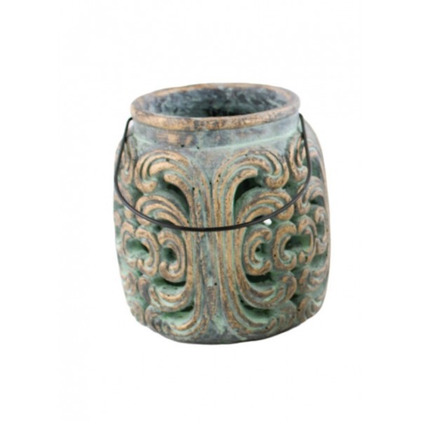 Betonová lucerna s vyřezávaným ornamentem 19,8 cm, tmavá zelená