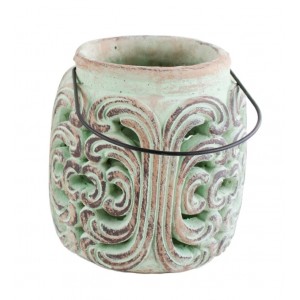 Betonová lucerna s vyřezávaným ornamentem 19,8 cm, světle zelená