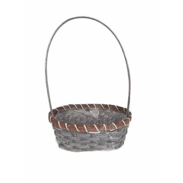 Proutěný šedý oválný koš s uchem a igelitovou výstelkou 23 x 16 x 9 cm