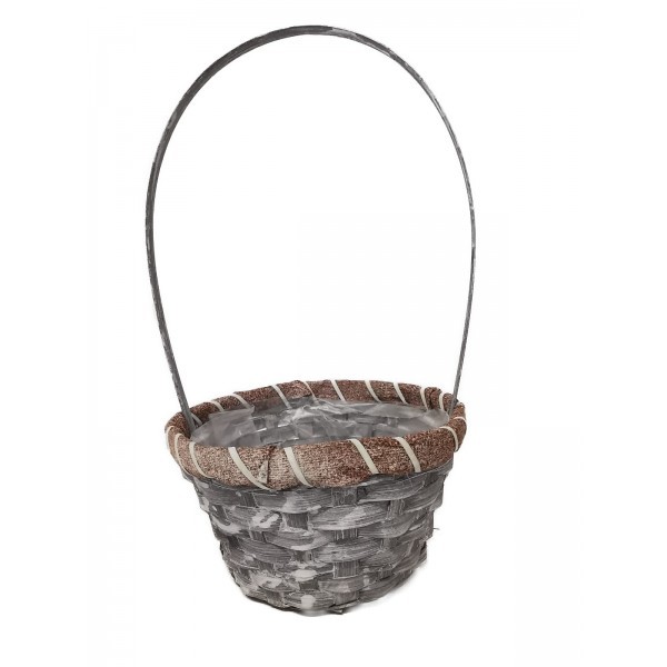 Šedý kulatý proutěný koš s uchem a igelitovou výstelkou 18 x 10 x 12 cm