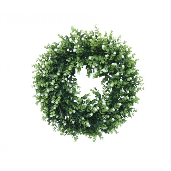 Dekorativní plastový věnec s bílými kvítky – Ø 50 cm