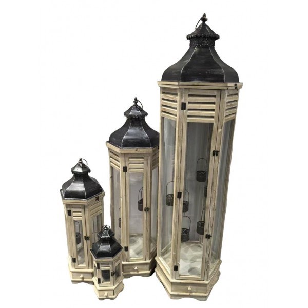 Sada 4 ks dřevěných luceren, světle hnědá