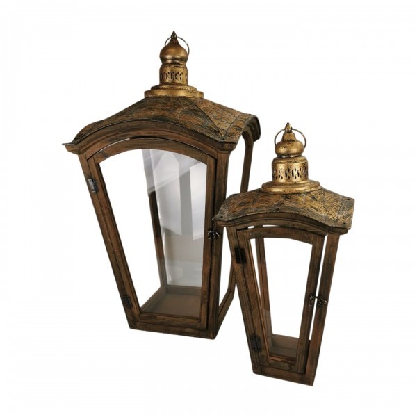 Sada 2 dřevěných luceren se zlatou střechou – antik (55 a 80 cm)