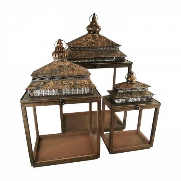 Sada 3ks dřevěných luceren se zlatou střechou – antik (52,70 a 83 cm)