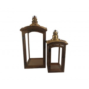 Sada 2 dřevěných luceren s kovovou stříškou (56, 78 cm)